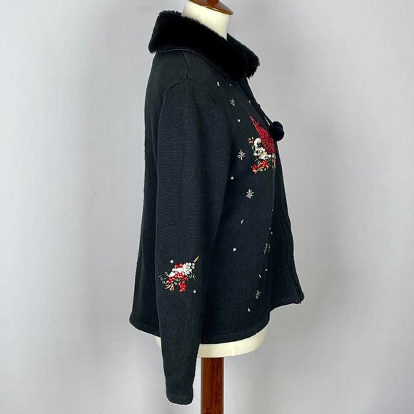 Vtg Tiara International Cardinals Cardigan Sz S Black Bead Embroidered Christmas - Picture 3 of 7